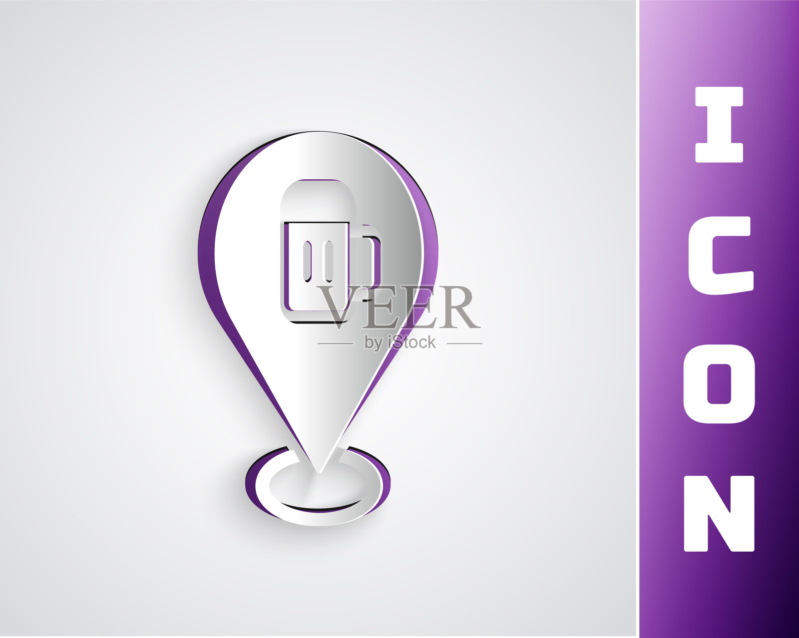 纸切割酒精或啤酒酒吧位置图标孤立在灰色背景。象征着饮酒，酒吧，俱乐部，酒吧。纸艺术风格。向量插画图片素材