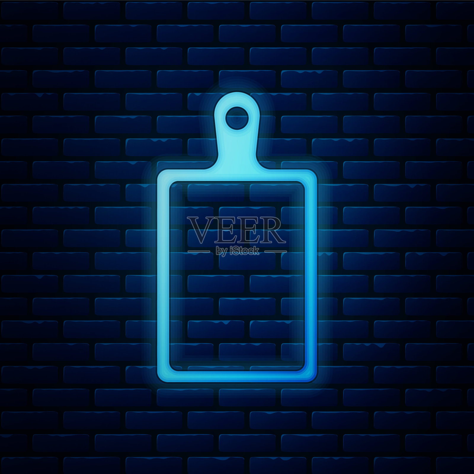 霓虹灯切割板图标孤立在砖墙背景上。切菜板的象征。向量插画图片素材