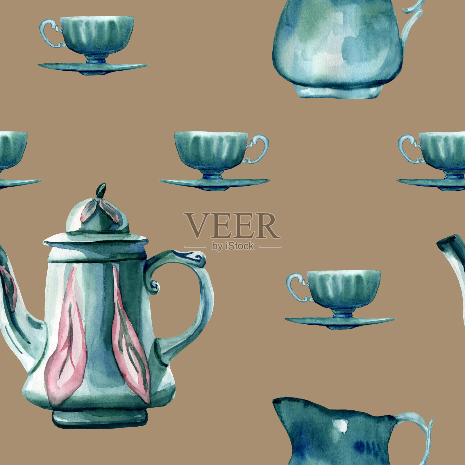 水彩手绘无缝图案与古董绿松石餐具插图:咖啡壶，牛奶壶和杯与碟米色背景。插画图片素材