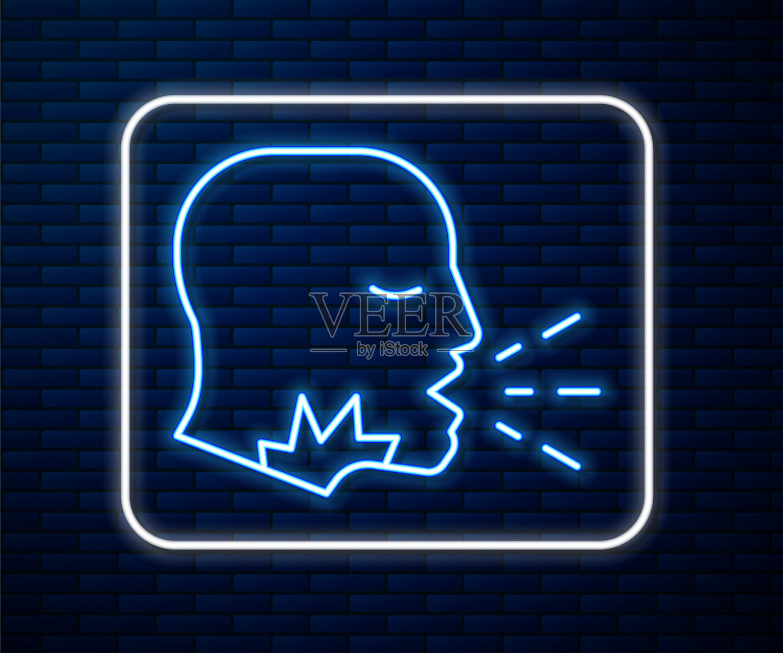 发光的霓虹灯线男人咳嗽图标孤立在砖墙的背景。病毒感染，流感，流感，感冒症状。肺结核，腮腺炎，百日咳。向量。插画图片素材