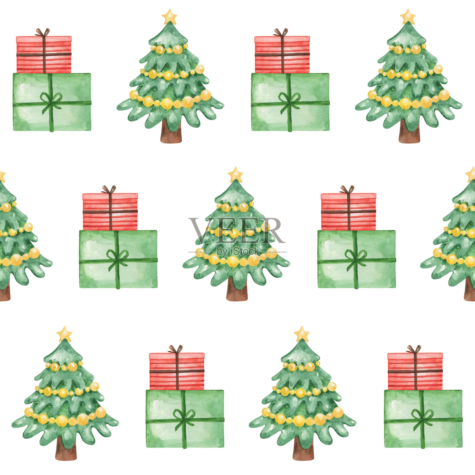 圣诞树背景，礼品数码纸，新年无缝图案，礼品包装，冬季设计，水彩圣诞图案插画图片素材