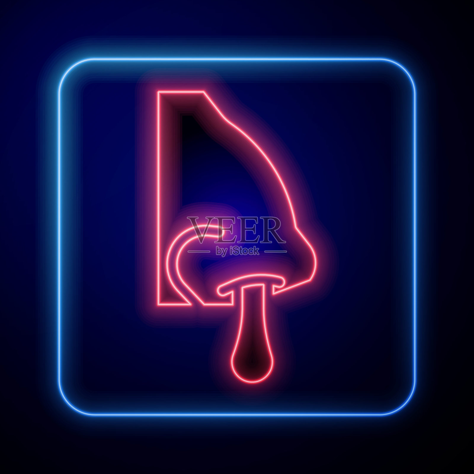 发光的霓虹灯流鼻涕图标孤立在蓝色背景。鼻炎的症状,治疗。鼻子和打喷嚏。鼻腔疾病。向量插画图片素材