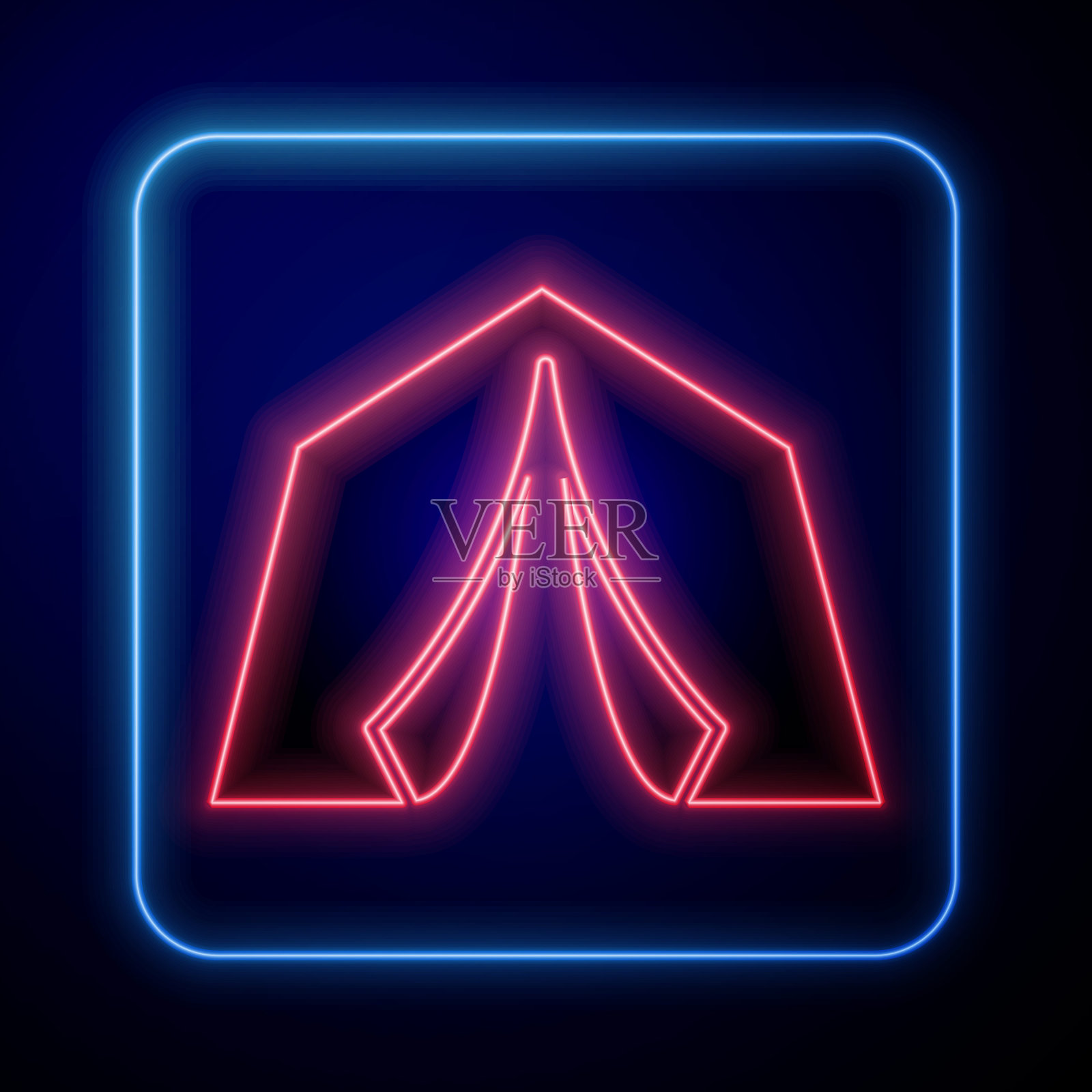 发光的霓虹灯旅游帐篷图标孤立在蓝色背景。露营的象征。向量插画图片素材