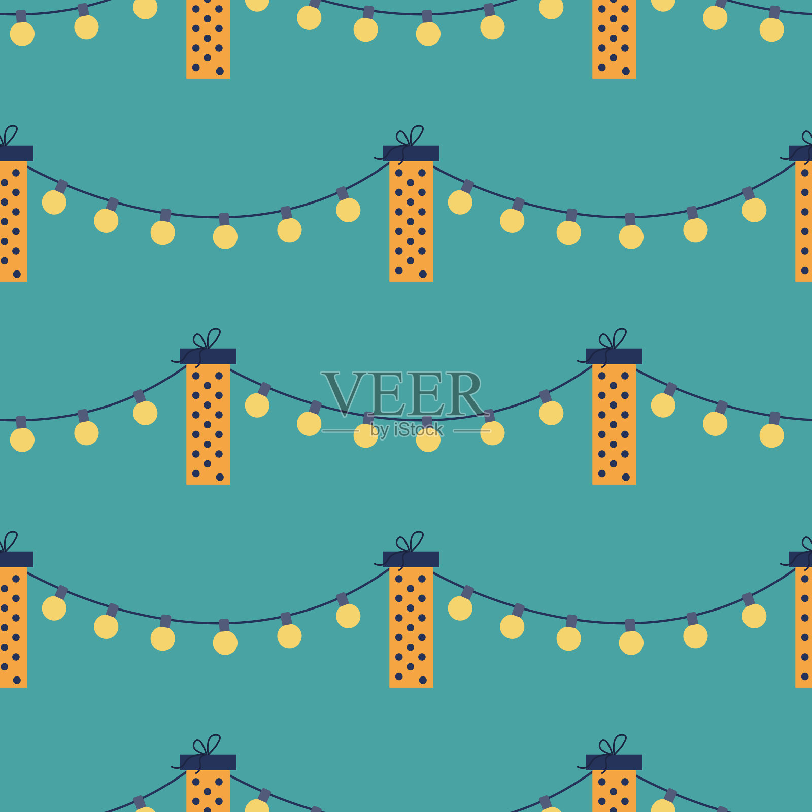 矢量无缝模式与礼品盒和花环在绿色的背景。节日装饰，贺卡插画图片素材