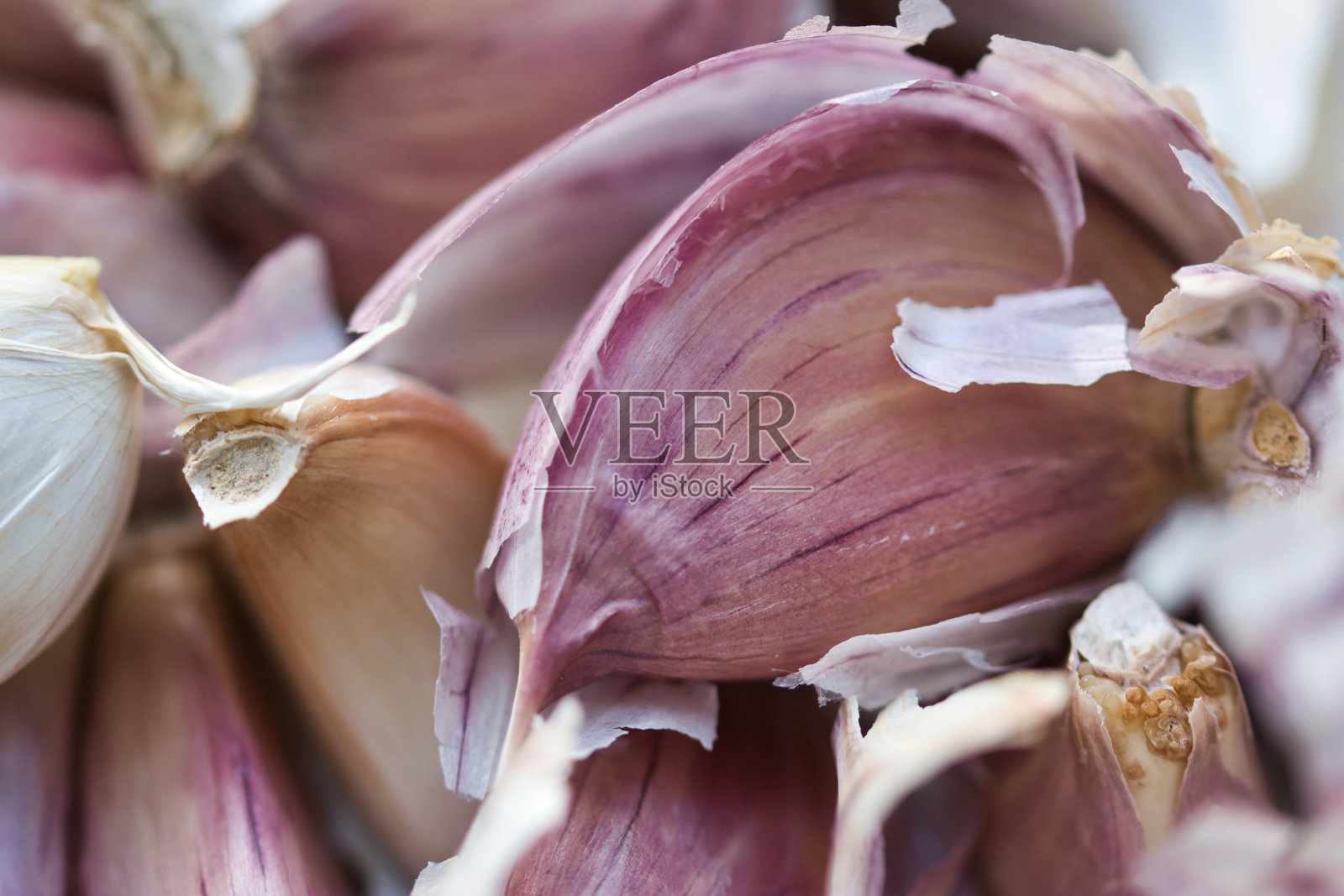 白色和紫色的蒜瓣质地，结构饱满照片摄影图片