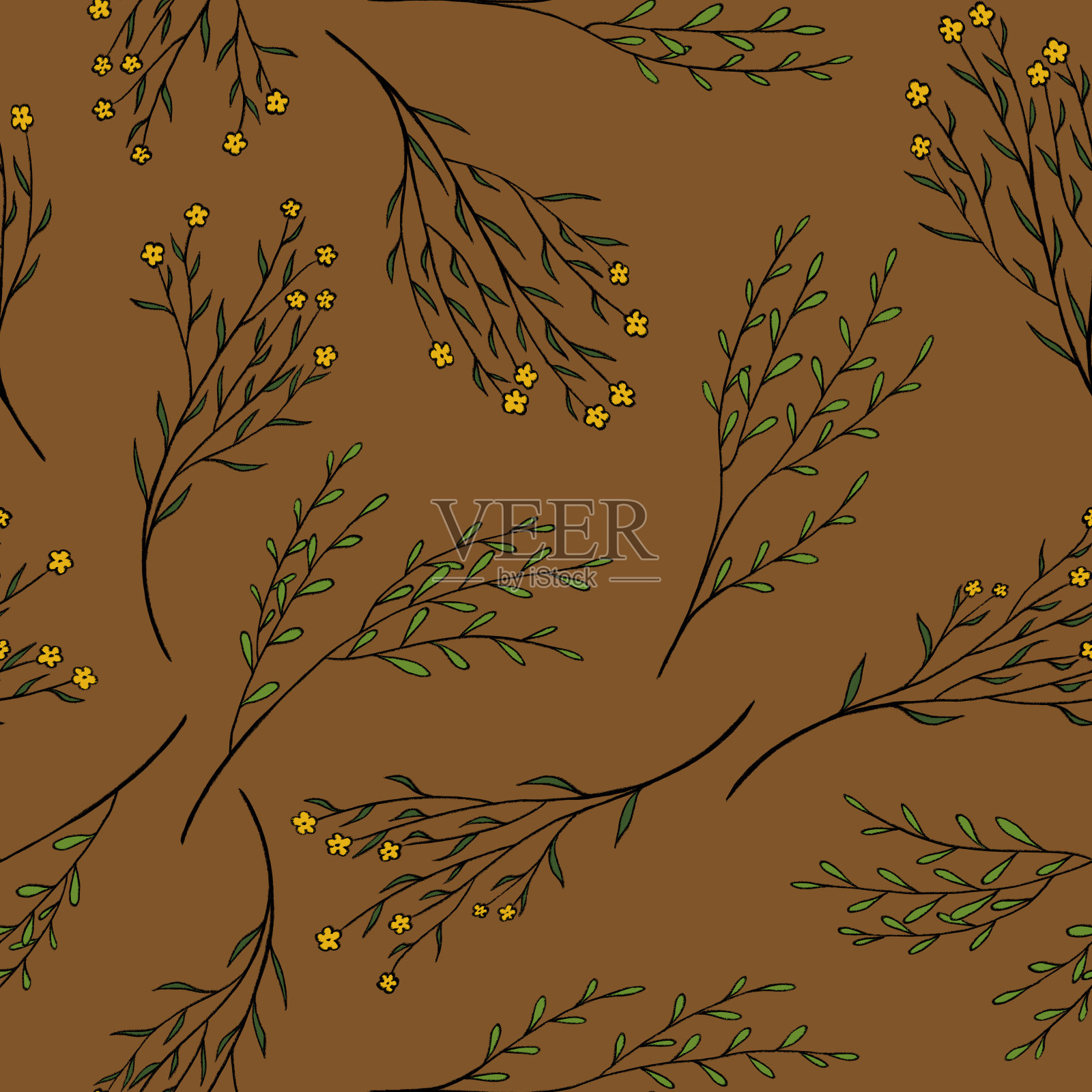 植物无缝模式。褐色背景上的嫩草。复古碎花墙纸。理想的设计包装纸，卡片，剪贴簿，织物。插画图片素材