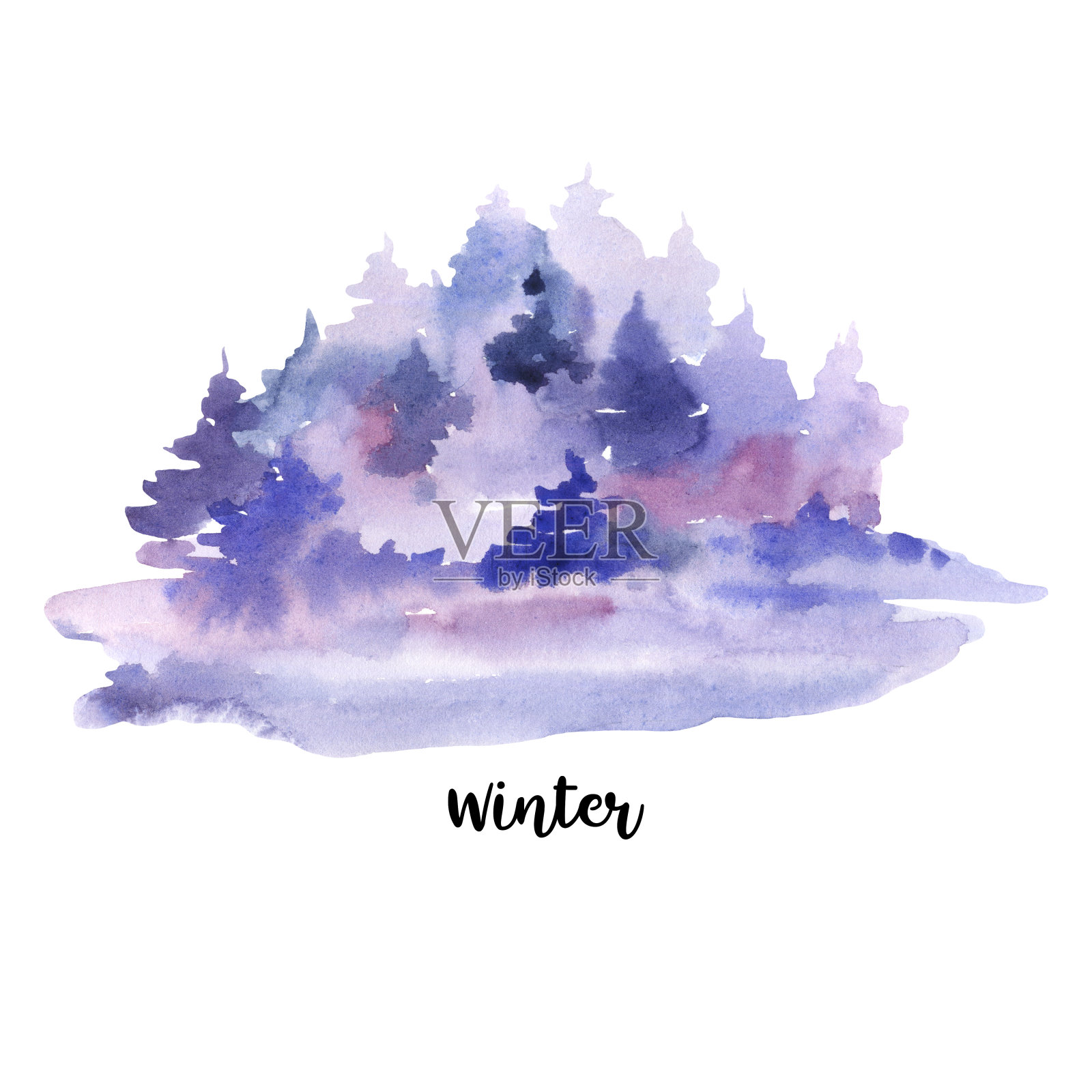 水彩冬天雪森林孤立在白色的背景。插画图片素材