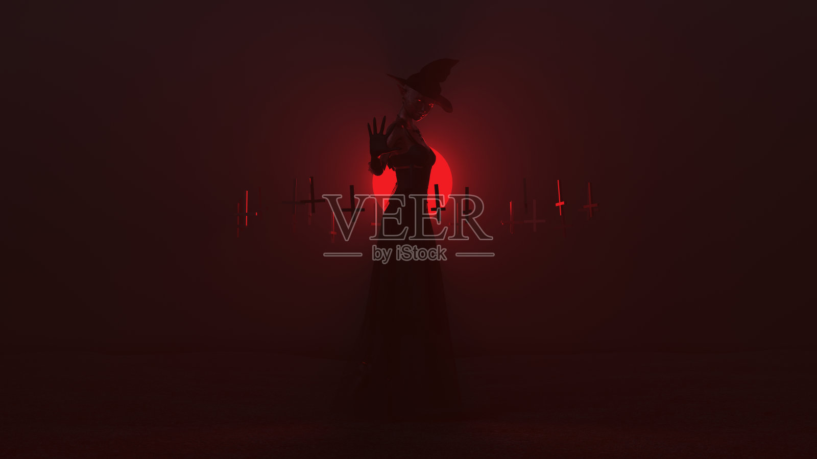 在迷雾虚空中倒挂十字架的女巫照片摄影图片