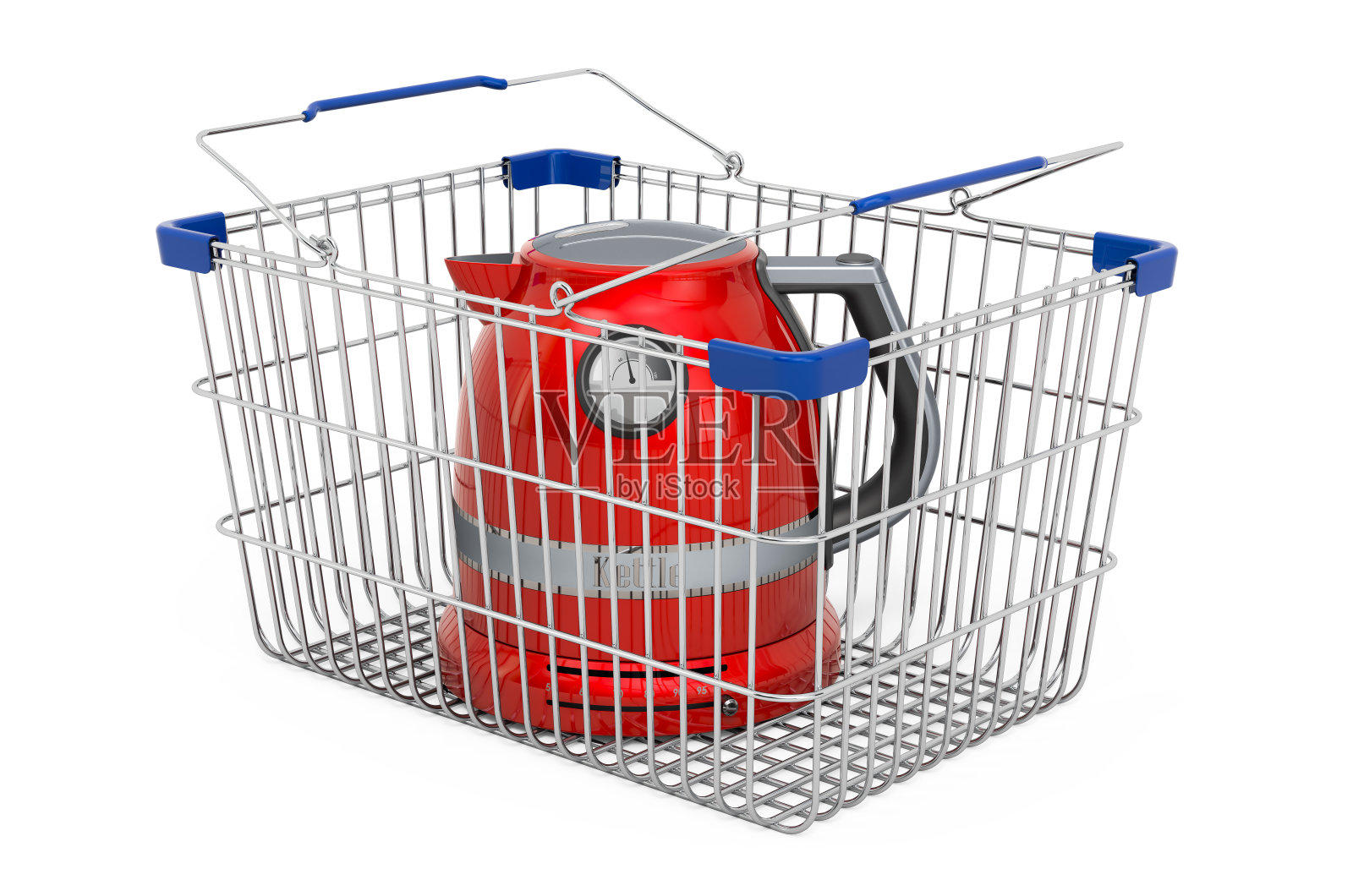 购物篮内的电热水壶复古设计，白色背景上的3D渲染孤立照片摄影图片