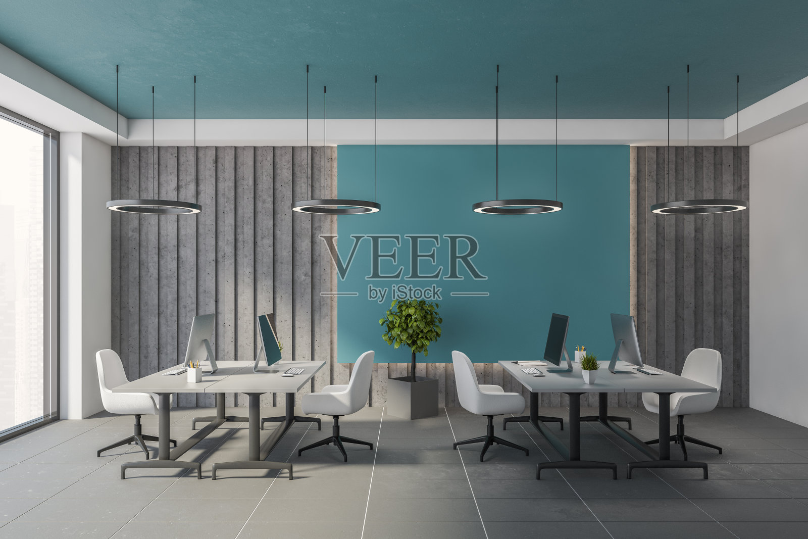 蓝色和灰色的开放空间办公室内部照片摄影图片