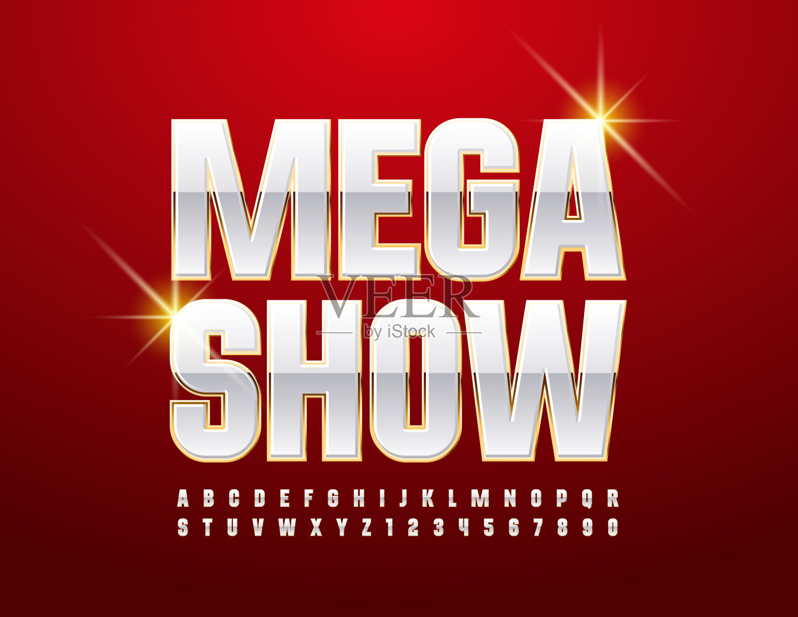 矢量娱乐传单Mega Show。白色和金色字母和数字集插画图片素材
