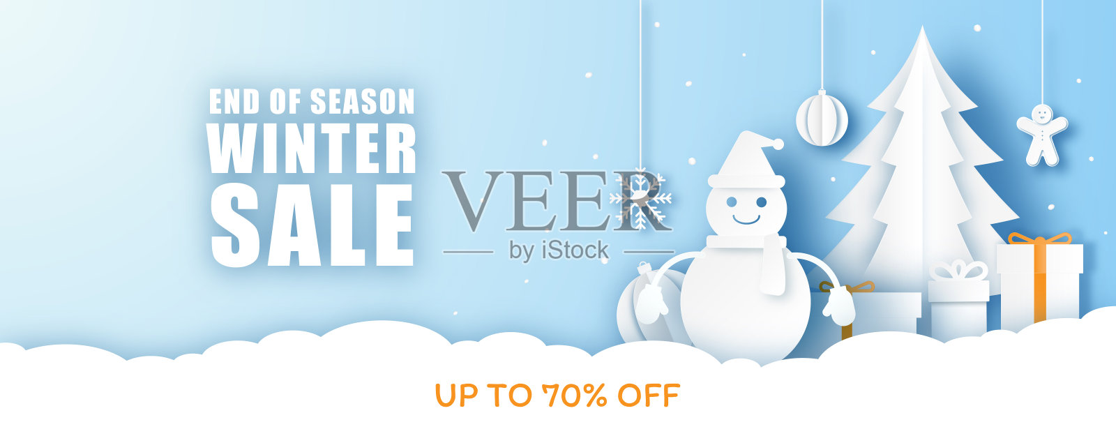 冬季促销旗帜背景。圣诞快乐网上购物。3D纸艺术和工艺。设计模板素材