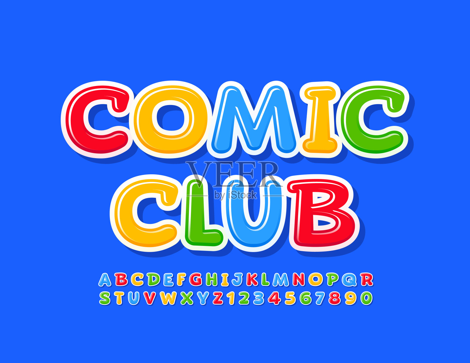 向量好玩的标志漫画俱乐部。明亮的创意字母和数字插画图片素材