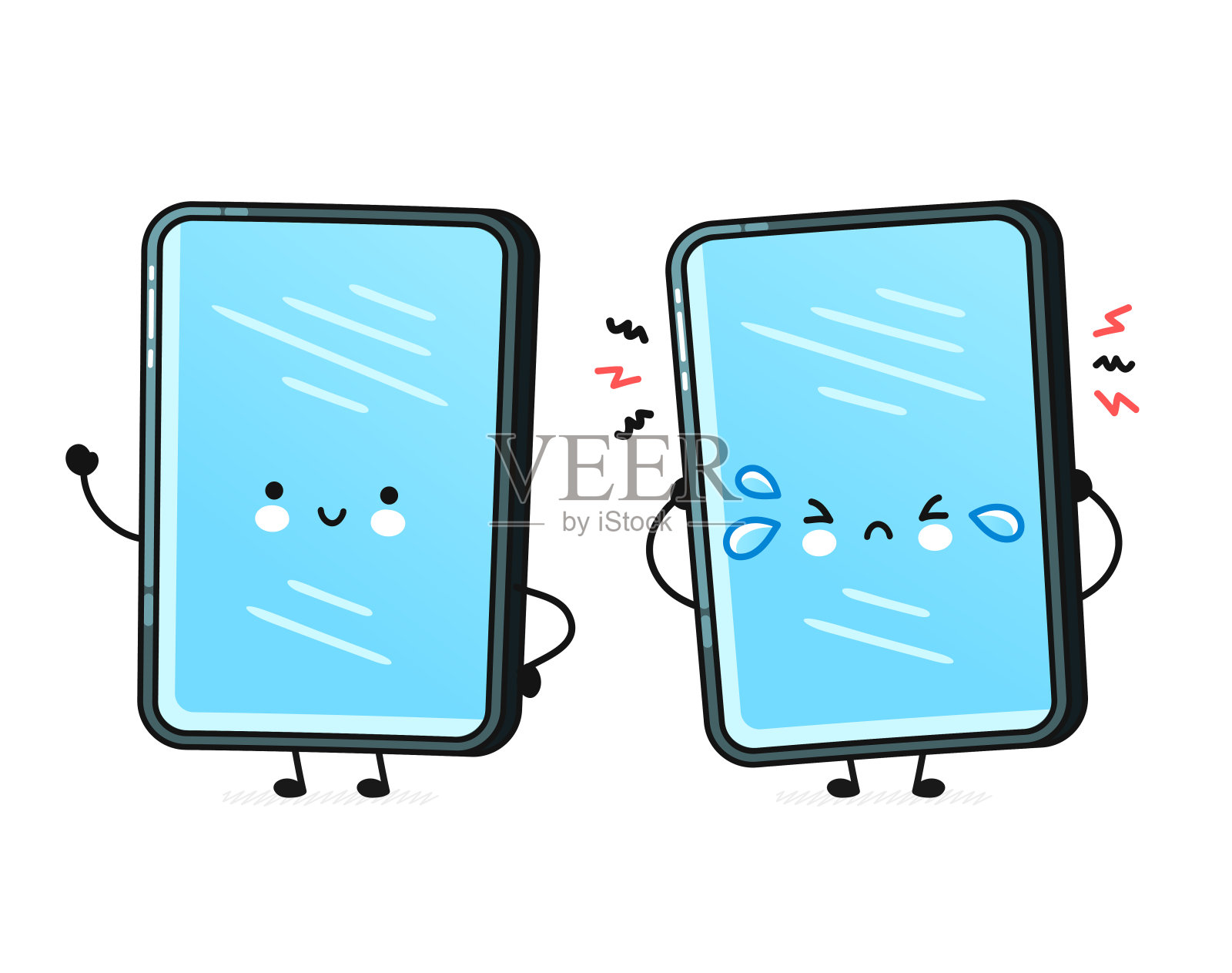 可爱开心难过智能手机，手机手机插画图片素材