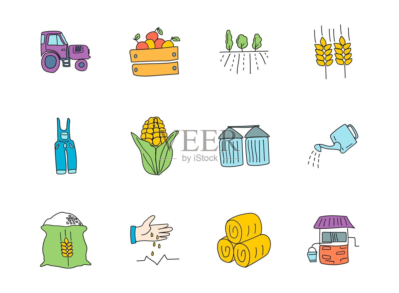 农业和农业的涂鸦孤立在白色。农业和农业图标设置为网页设计，用户界面，移动应用程序和打印图标素材