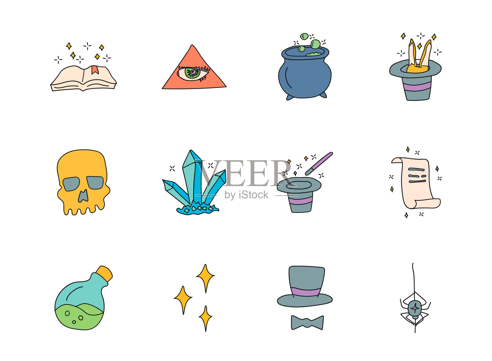 魔术手绘制线性矢量图标孤立的白色背景。魔法涂鸦图标设置为web和UI设计，移动应用程序和印刷产品插画图片素材