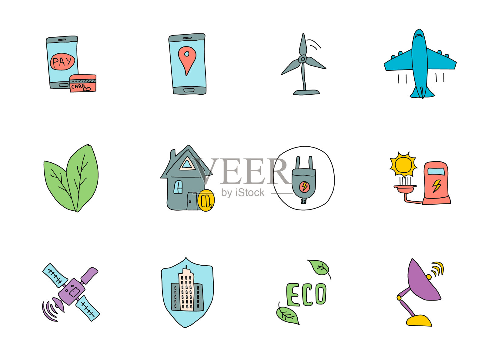 智能城市手绘线性涂鸦孤立的白色背景。智能城市图标设置为web和UI设计，移动应用程序和印刷产品图标素材