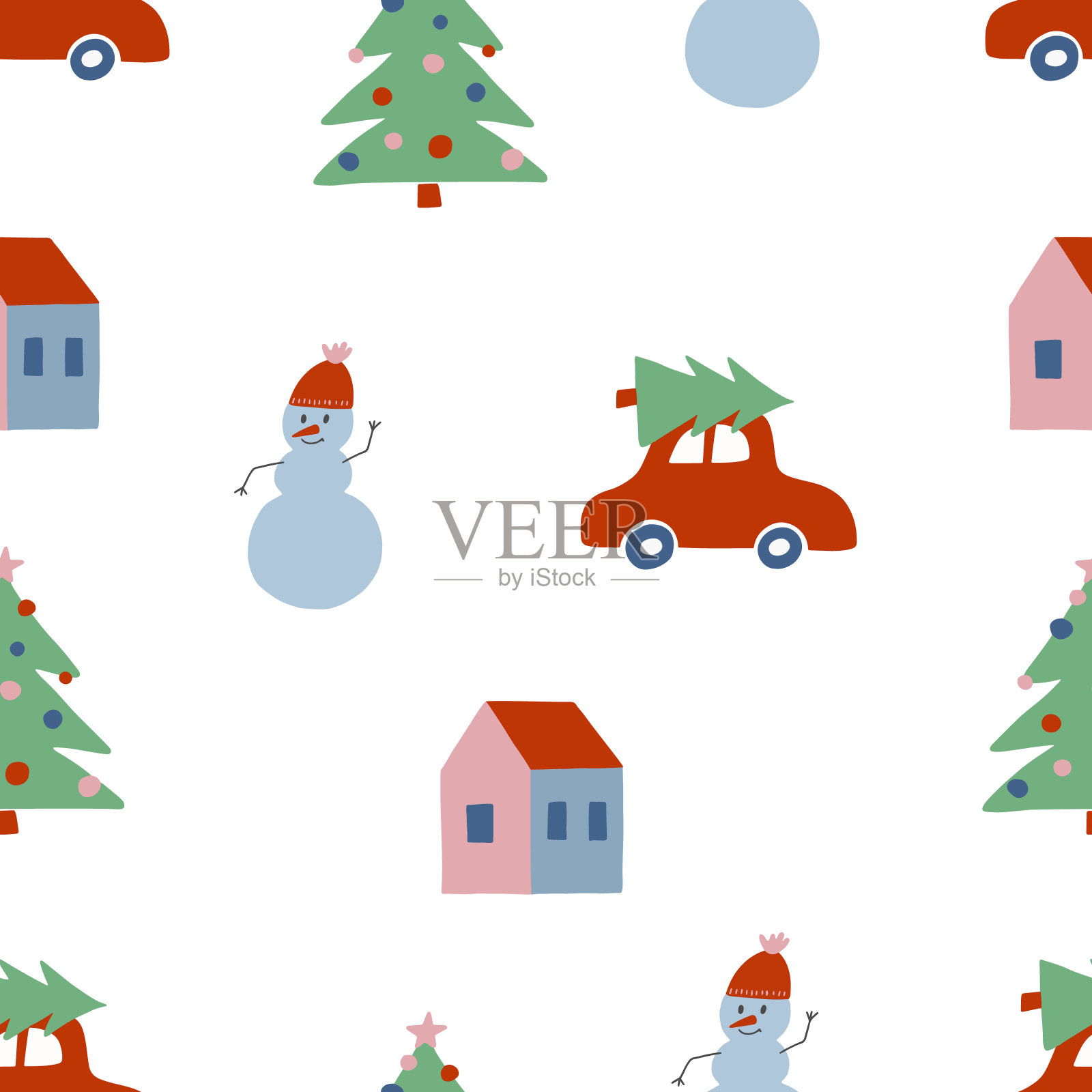 可爱的圣诞冬天无缝图案与红色的汽车和圣诞树的屋顶，房子，雪人。插画图片素材