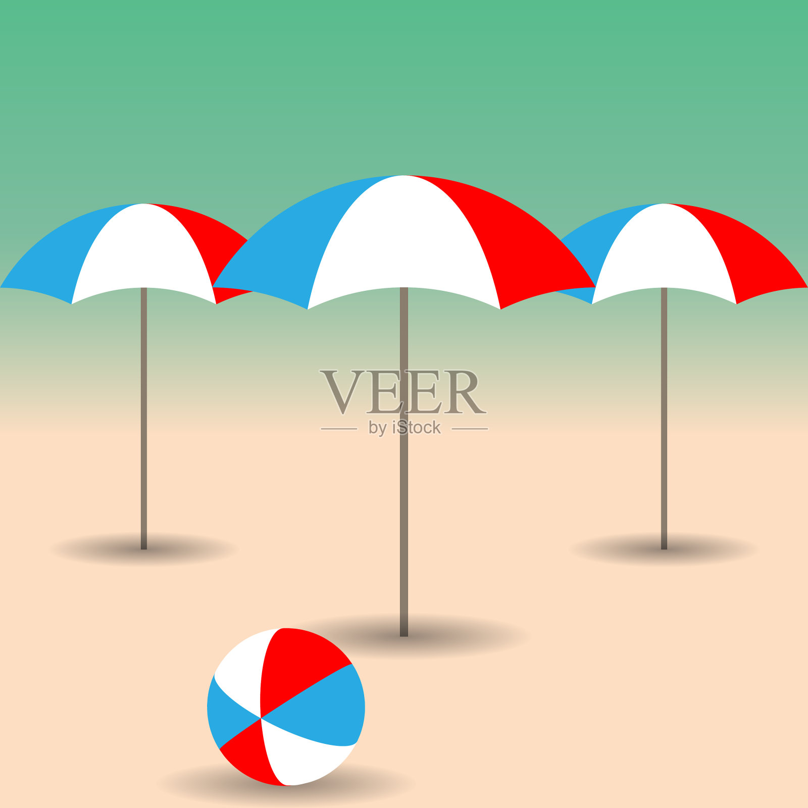 夏日沙滩上的雨伞和沙滩球插画图片素材