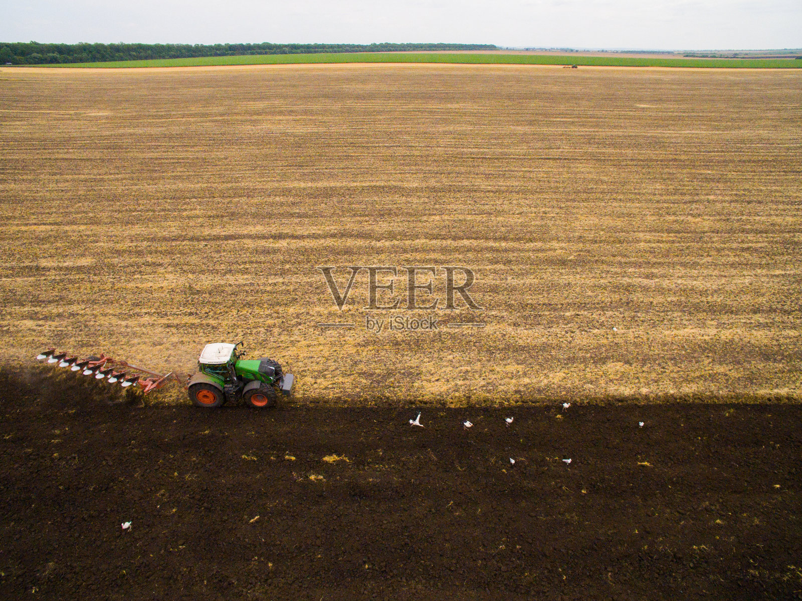 在田野里收获。鸟瞰图。用拖拉机耕种土地照片摄影图片