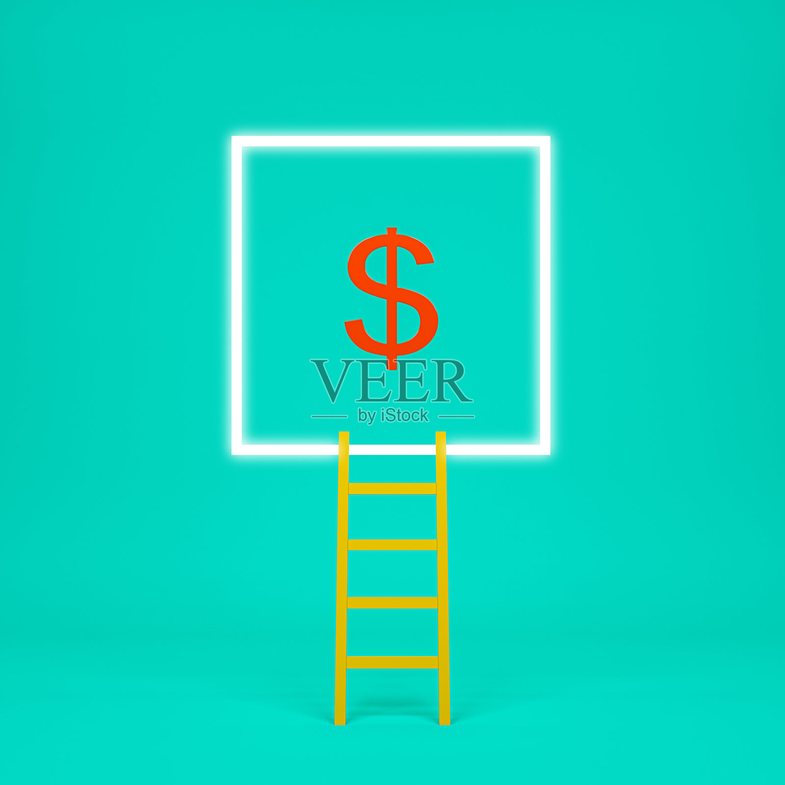 摘要构思:黄色楼梯以方形淡红色美元为货币，以绿色为背景。最小的concept.Idea.Flat躺。3 d渲染。照片摄影图片