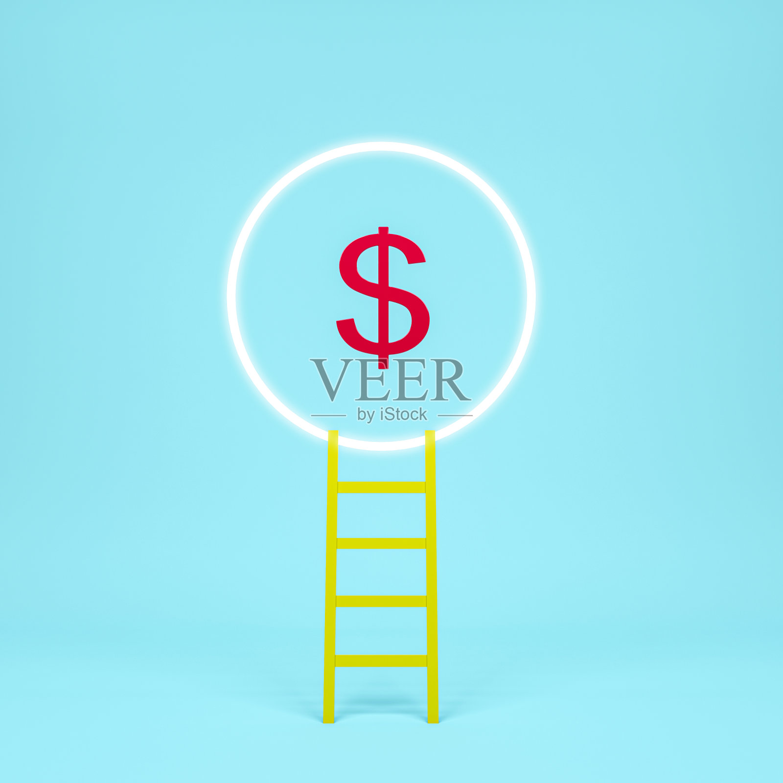 摘要构思:黄色楼梯以镂空的淡红色元钞为蓝色背景。最小的concept.Idea.Flat躺。3 d渲染。照片摄影图片