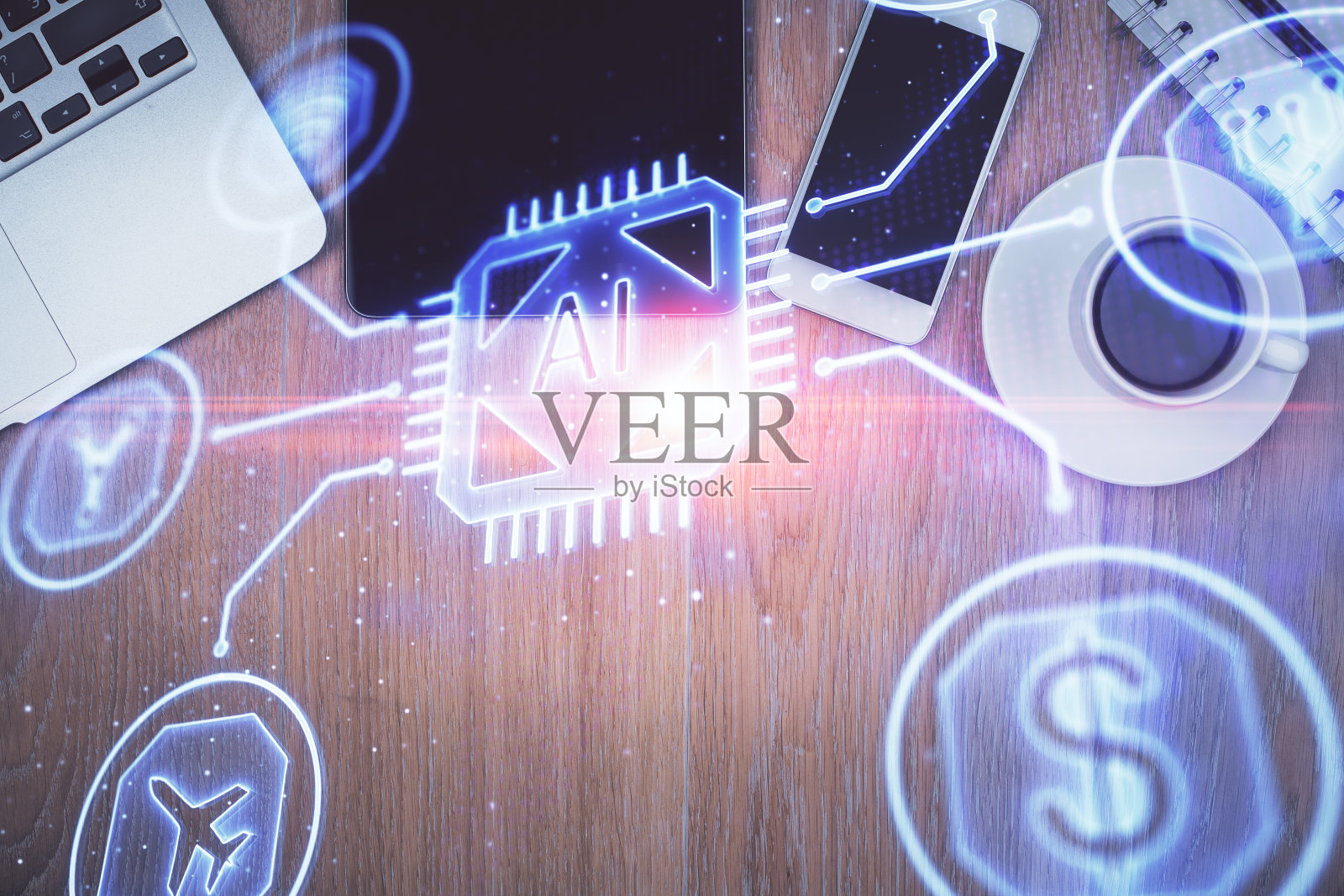 双重曝光的技术主题图纸在工作桌上桌面。前视图。全局数据分析概念。照片摄影图片