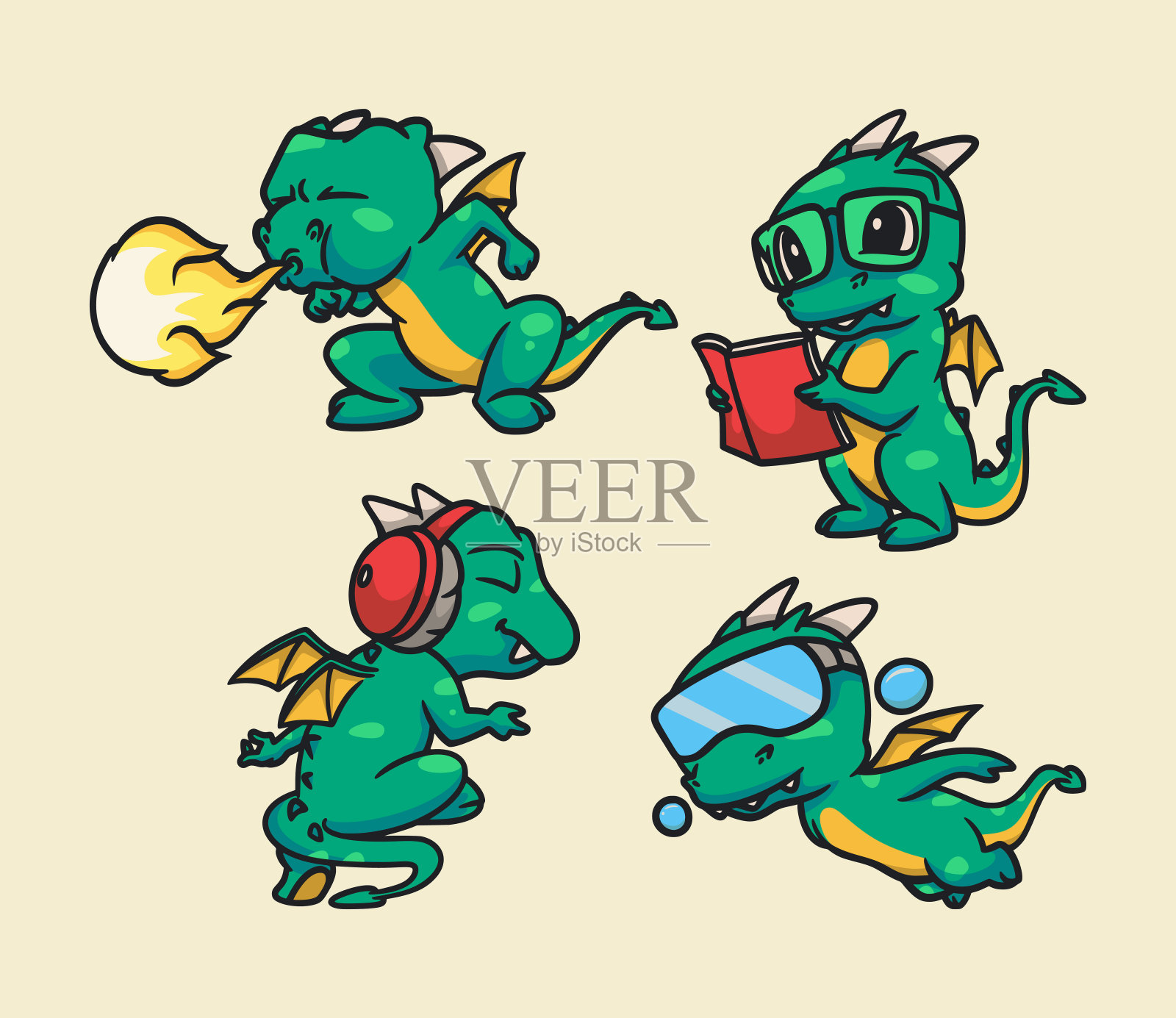 龙喷火，龙读书，龙听音乐，龙潜水动物标志吉祥物插图包插画图片素材