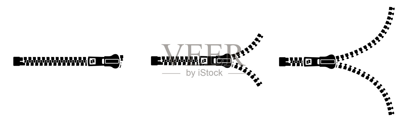 拉链标志设置剪影。一套封闭和开放的拉链与紧固件。拉链扣上，锁上和解锁-矢量插画图片素材
