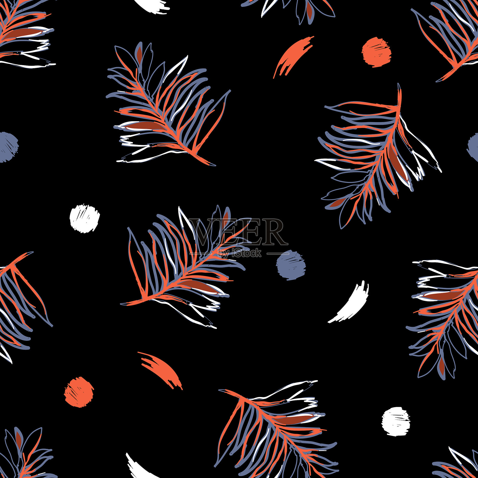 彩色手绘刷叶无缝图案矢量EPS10，设计时尚，织物，纺织品，壁纸，封面，网，包装和所有印花插画图片素材