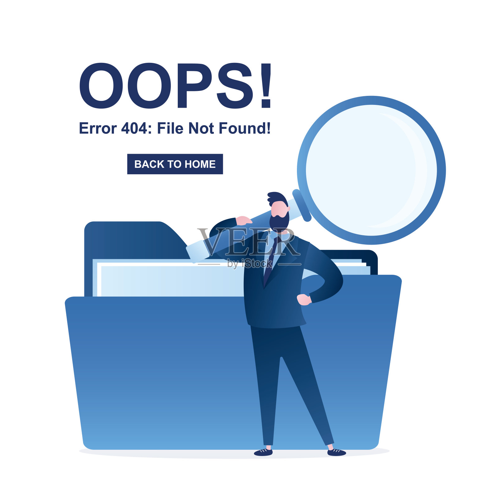 404错误，文件没有找到-网页模板。让职员用放大镜在文件夹中查找文件数据。文件管理器，数据库中的文档插画图片素材