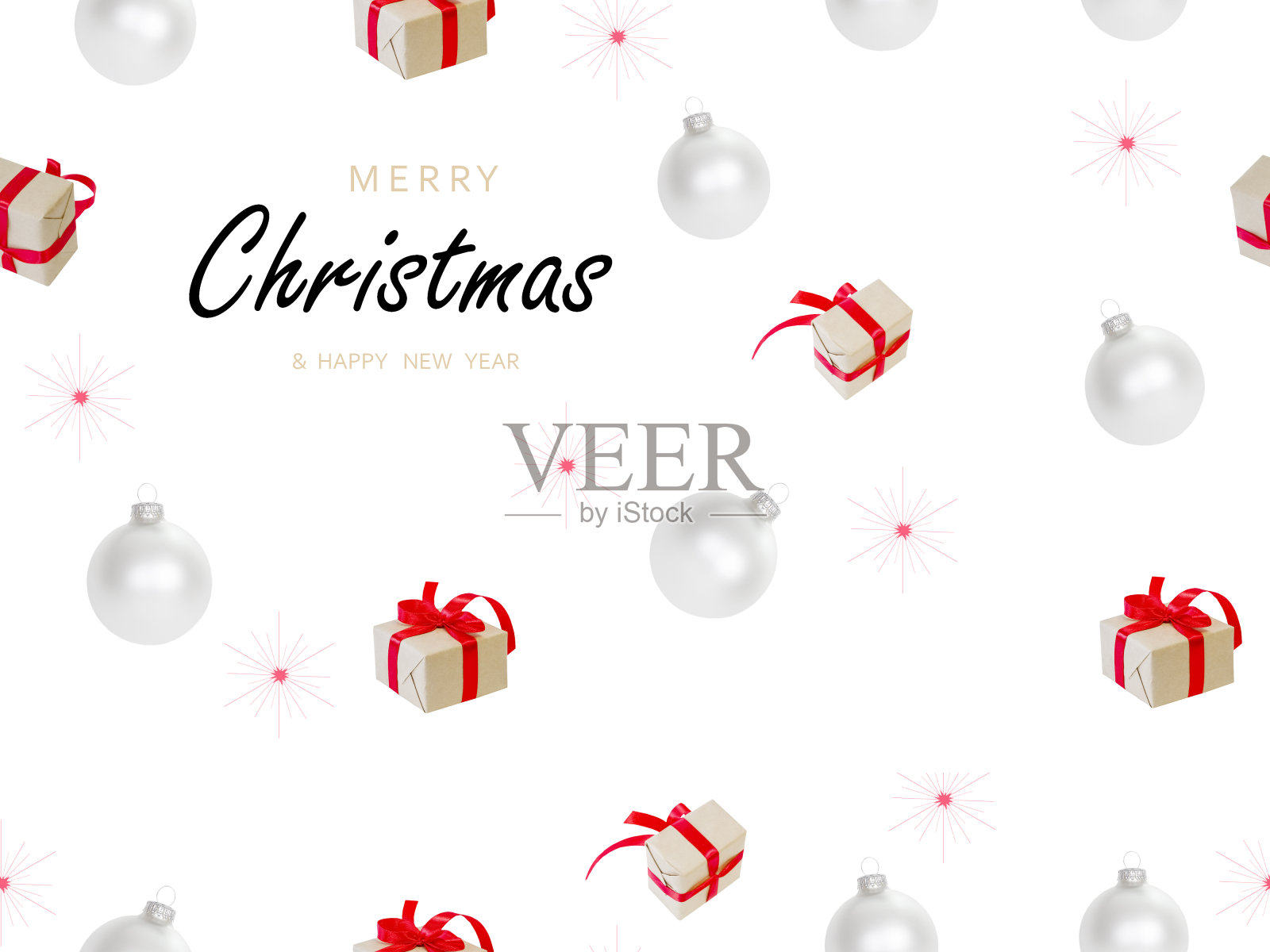 圣诞节的背景。圣诞设计装饰装饰品，白色的小球，带有红色蝴蝶结的礼盒。新年图案的装饰物品。节日的作文照片摄影图片