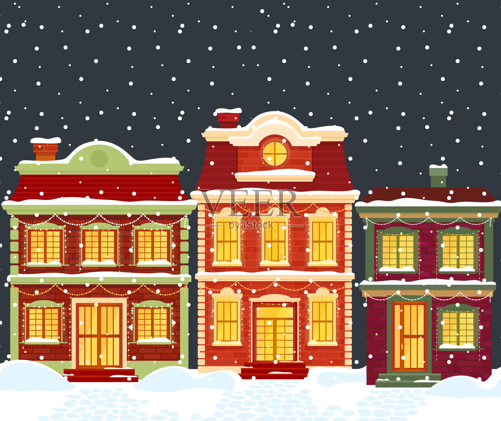 圣诞房子在卡通冬天城市的景观雪下插画图片素材