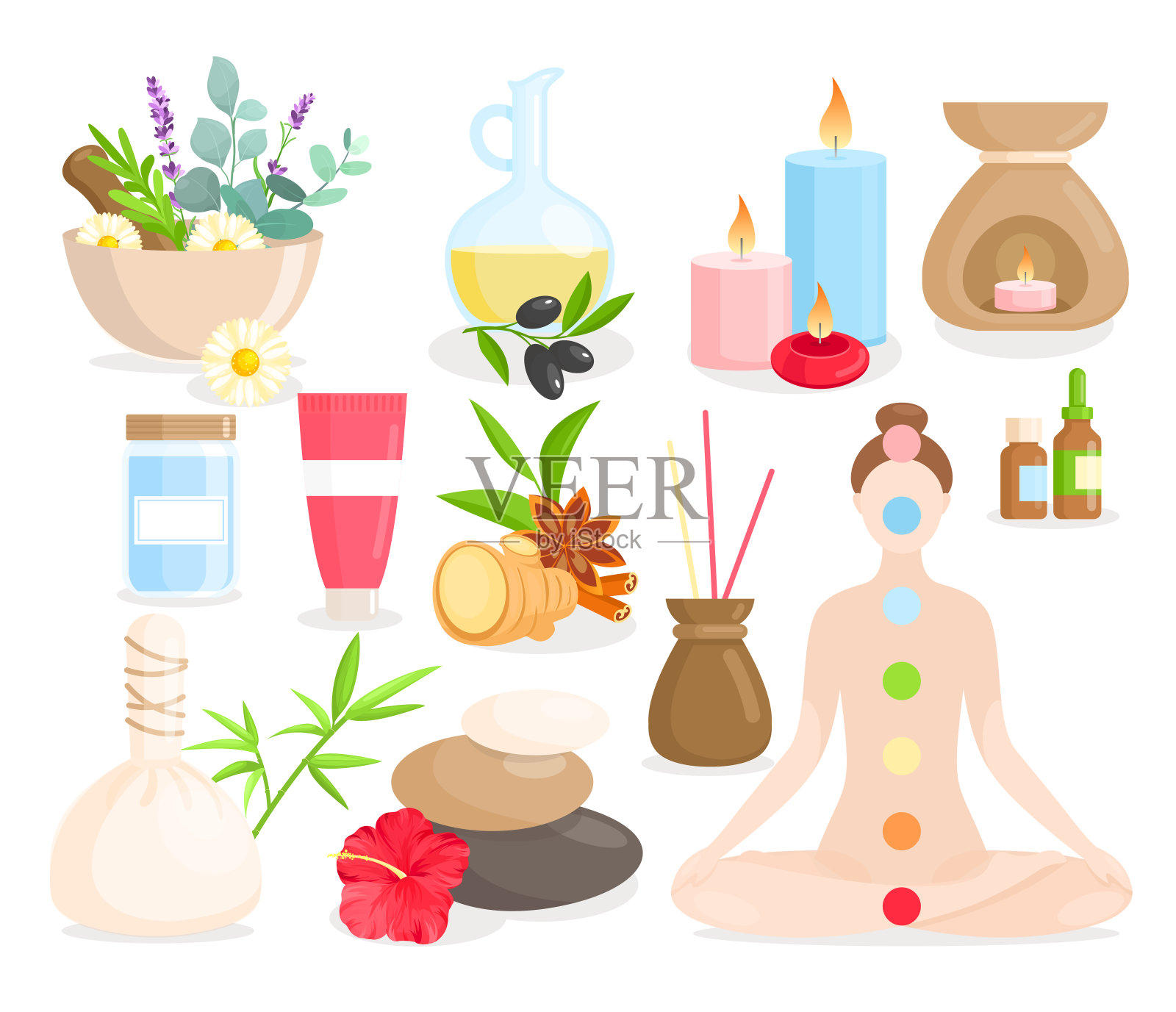 阿育吠陀医学卡通套装，阿育吠陀收集与身体护理项目，天然草药，鲜花。插画图片素材