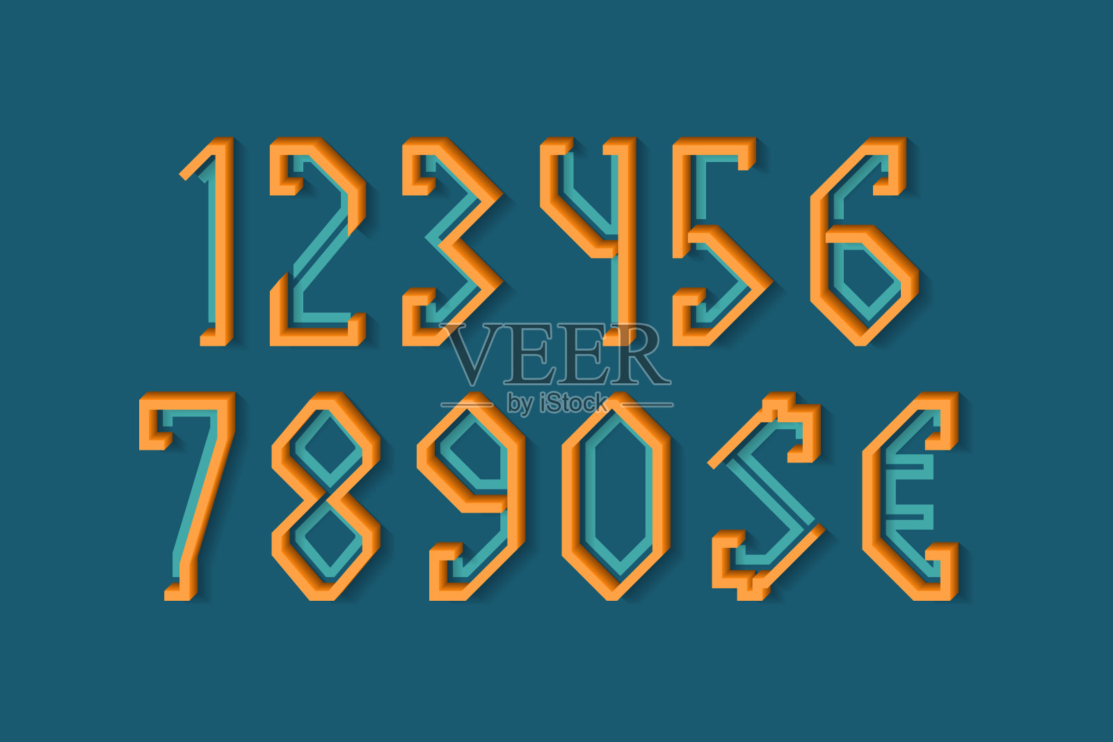 框架形状的橙蓝色数字和货币符号的扁平和体积部分。3 d显示字体。插画图片素材