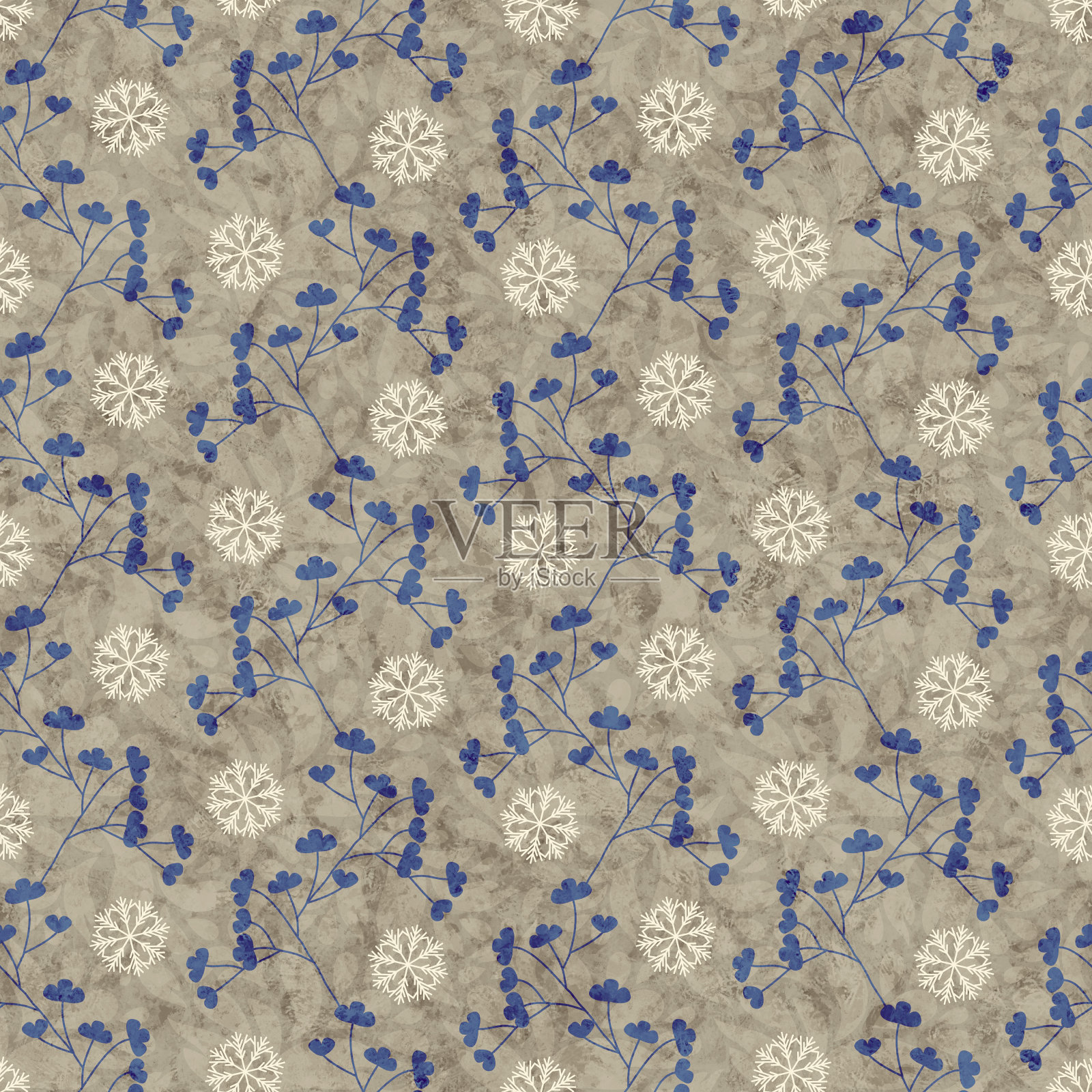 冬天，无缝，寒酸和混杂的图案，与雪花和树枝，蓝色米色。照片摄影图片