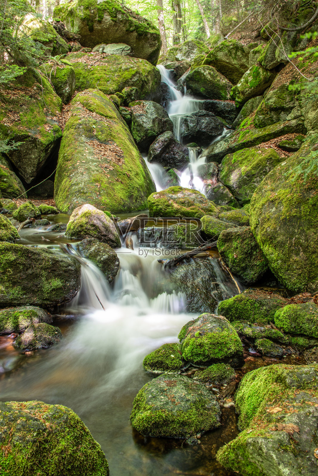 瀑布，瀑布在峡谷的巨石之间照片摄影图片