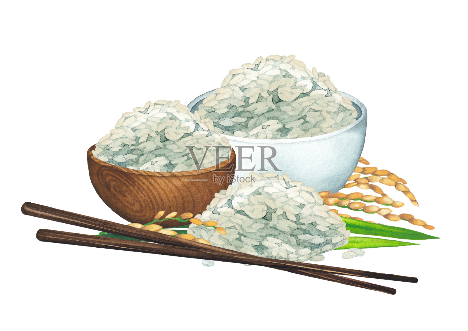 用谷物和木棒装饰的水彩饭碗。插画图片素材