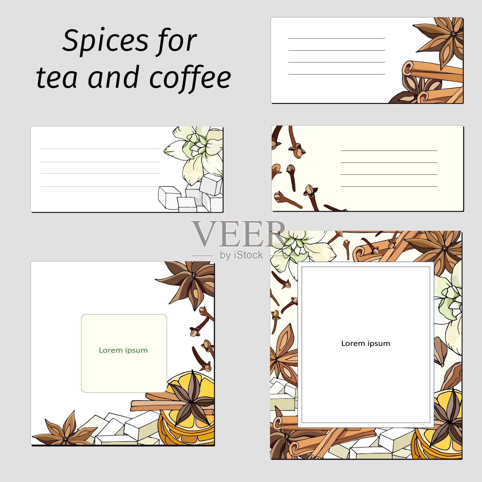 一套卡片模板与肉桂，茴芹，香草和丁香。矢量插图的茶和咖啡香料标签，传单，小册子，横幅和感谢卡插画图片素材