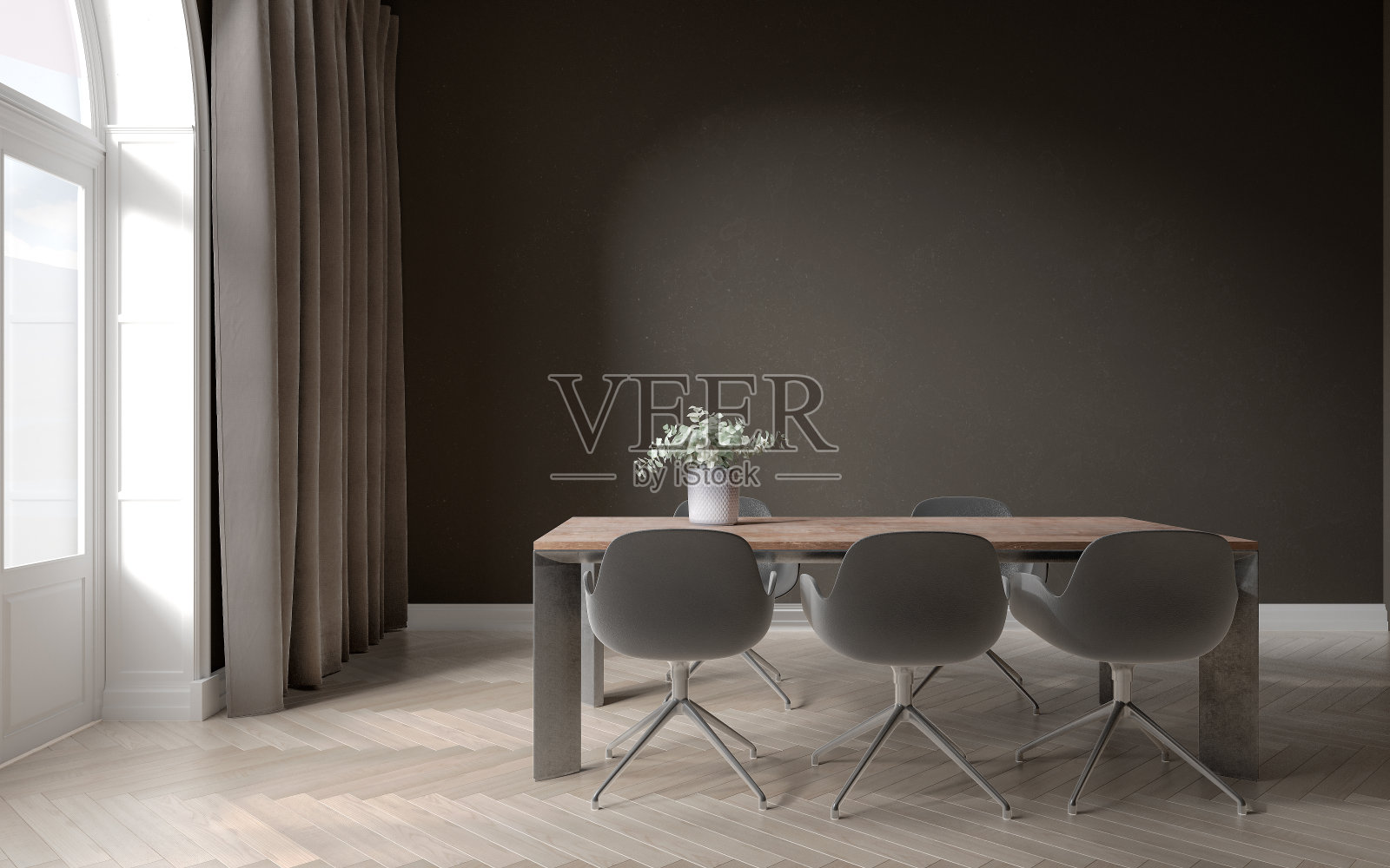 黑色的餐厅内部，木地板，从大窗户采光。三维演示照片摄影图片