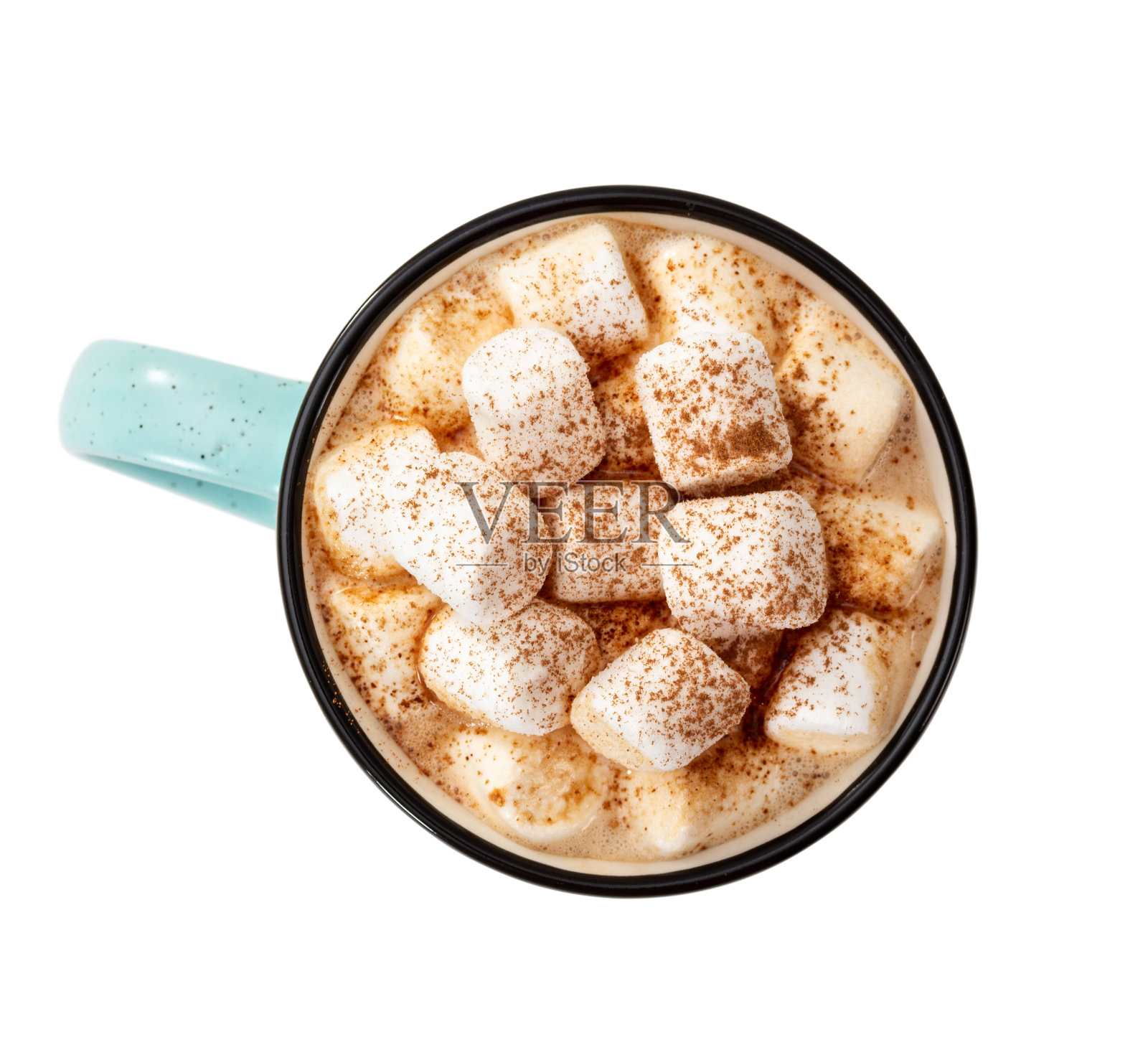 一杯热巧克力和棉花糖隔离在白色的背景。照片摄影图片