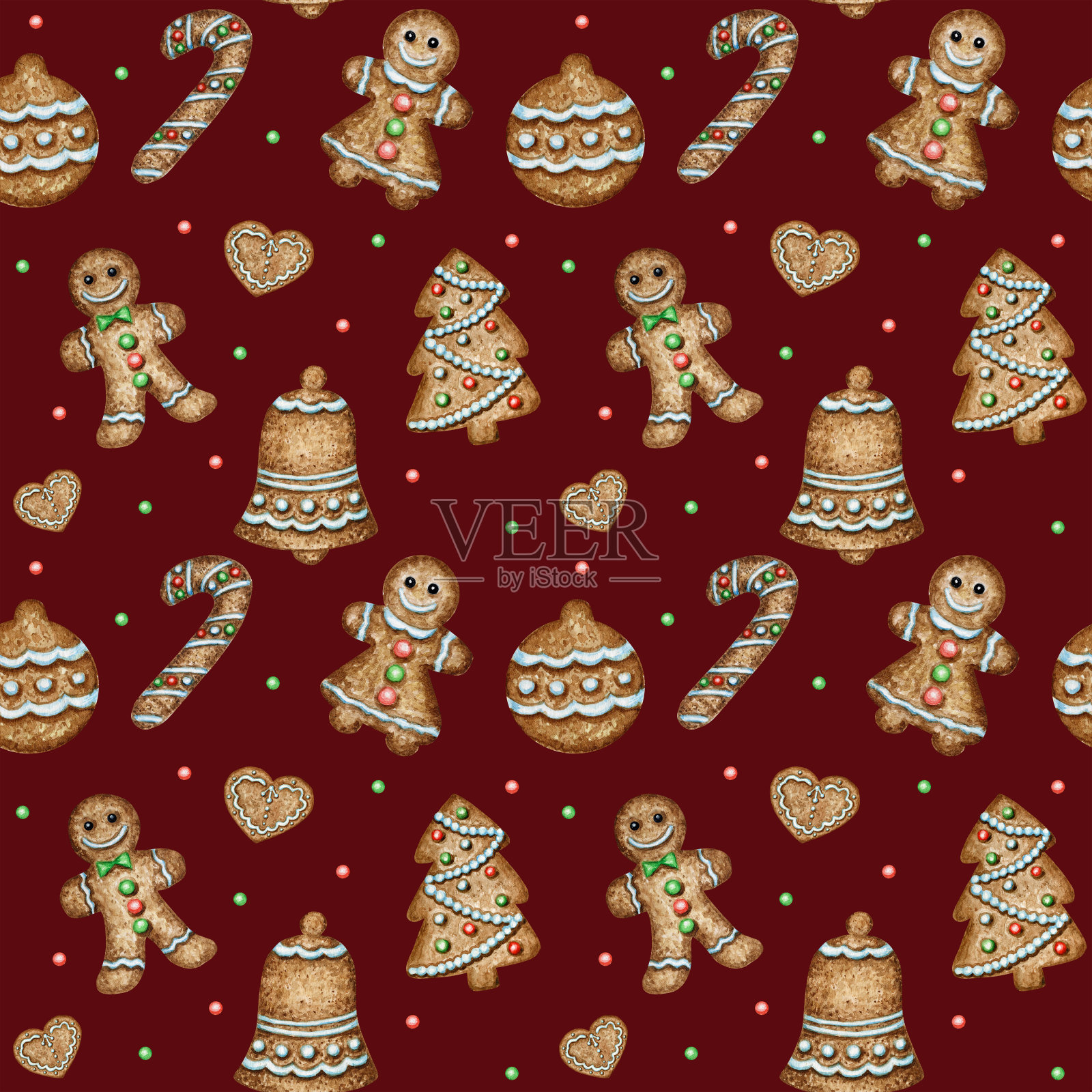 圣诞姜饼饼干无缝图案，心形手套铃铛冬季圣诞甜点背景。水彩插图。圣诞礼物和圣诞树装饰品。包装纸，面料质感设计插画图片素材