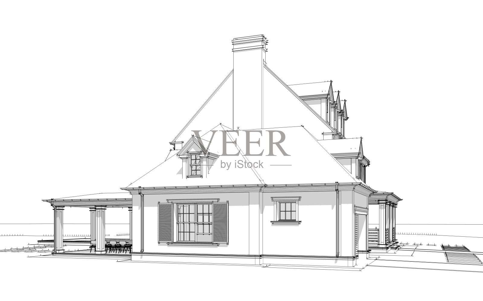 白色背景上殖民风格黑色线条的现代经典房屋3D渲染照片摄影图片