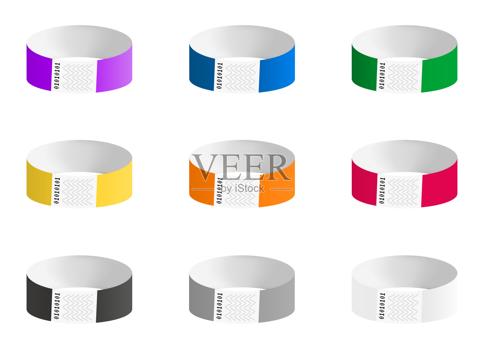 向量组的廉价空手镯或腕带在最常见的颜色。粘性手入口事件纸手链隔离白色。适合识别的各种用途的模板或模型。插画图片素材
