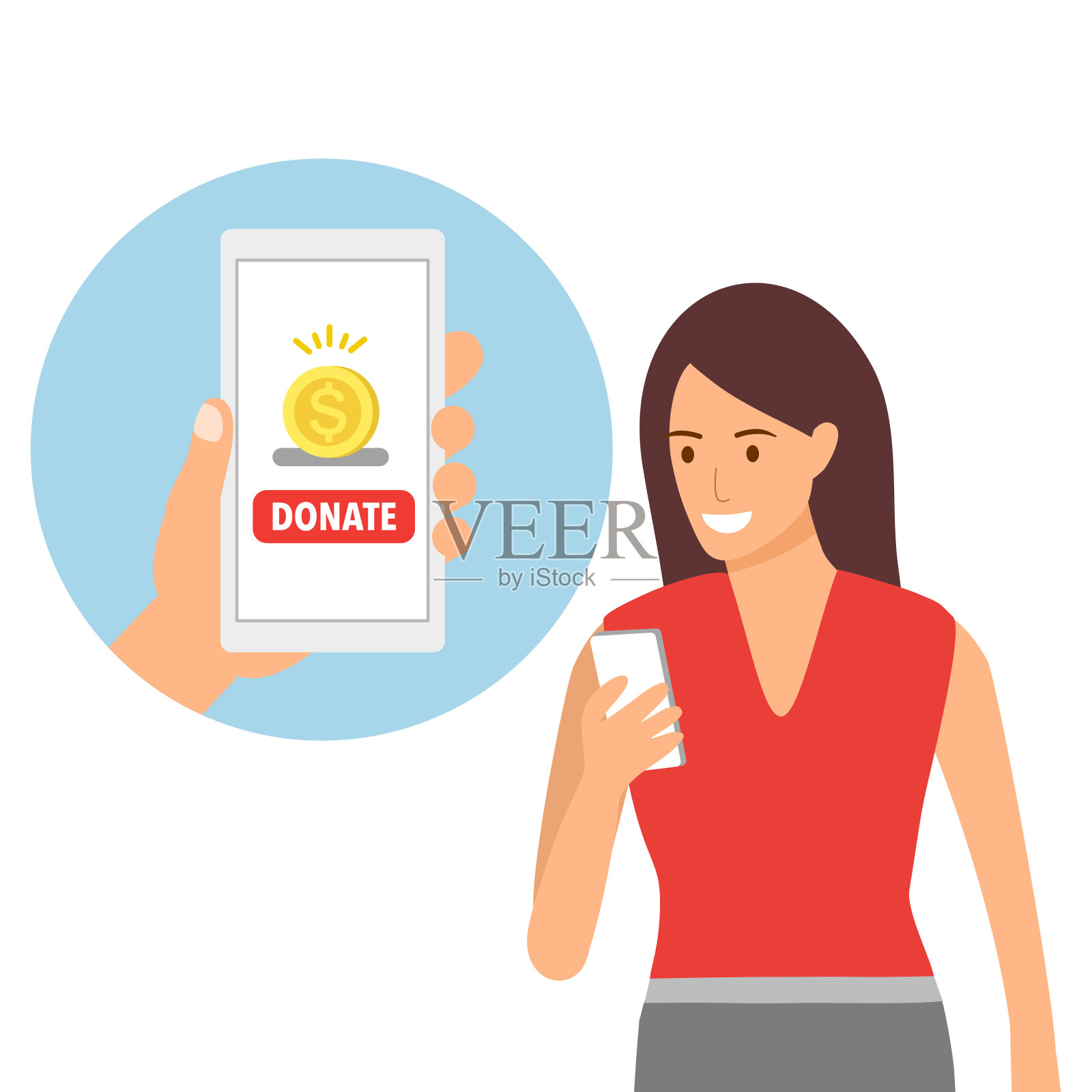 年轻女子通过平板智能手机捐款。慈善时间到了。网上捐赠概念矢量插图在白色背景。善待贫穷。插画图片素材