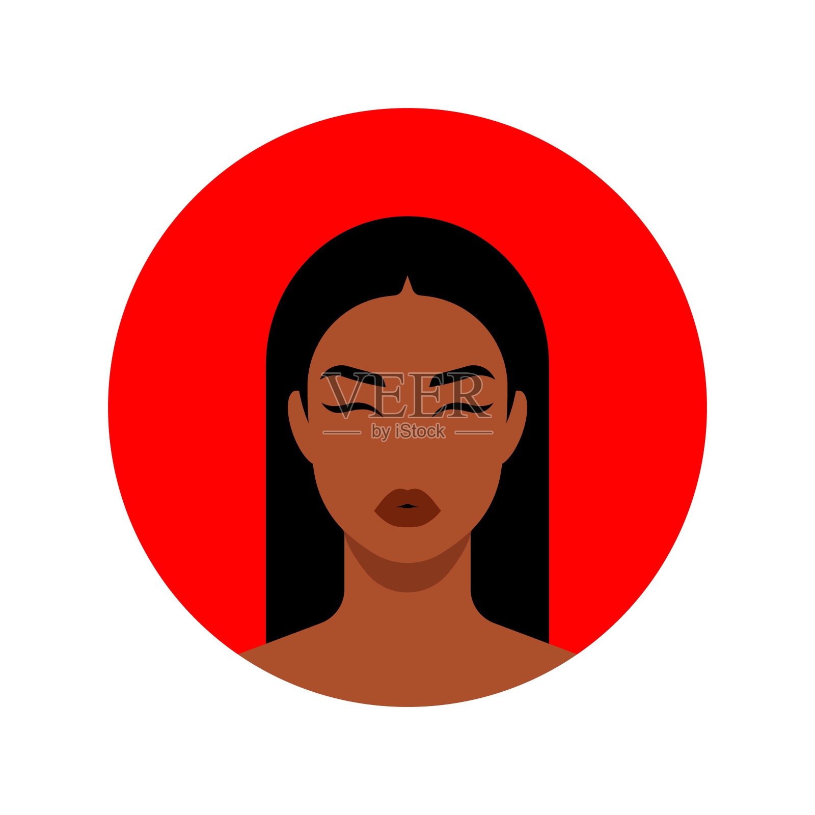 美丽的女人的脸。黑发长发。圆形头像与女性的头。女性气质、美丽、女性权利、个人关怀。适合社交媒体，手机应用，设计。插画图片素材