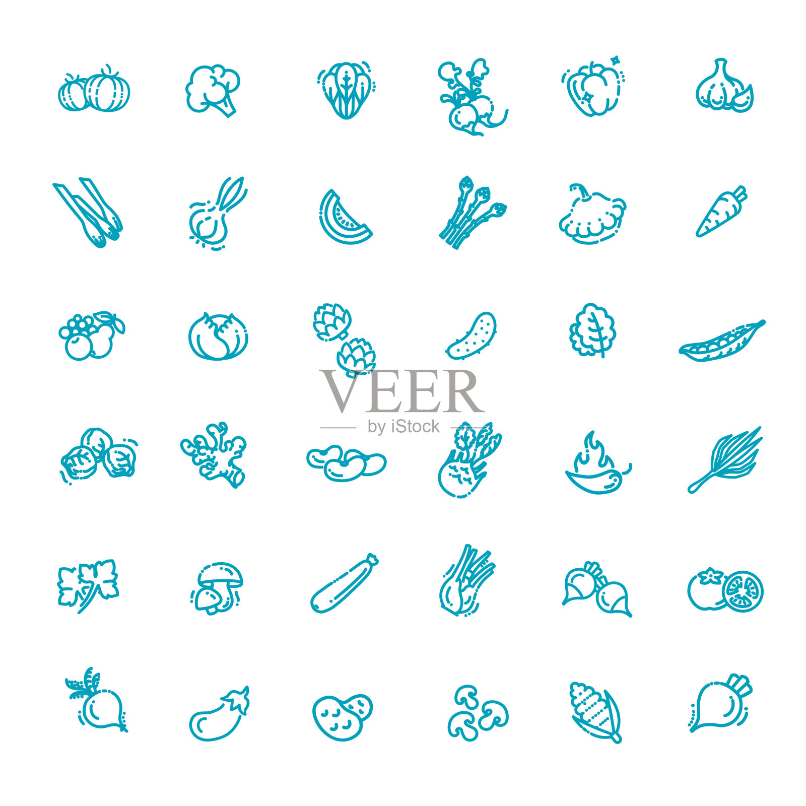 基本蔬菜细线图标设置。蔬菜集合图标素材