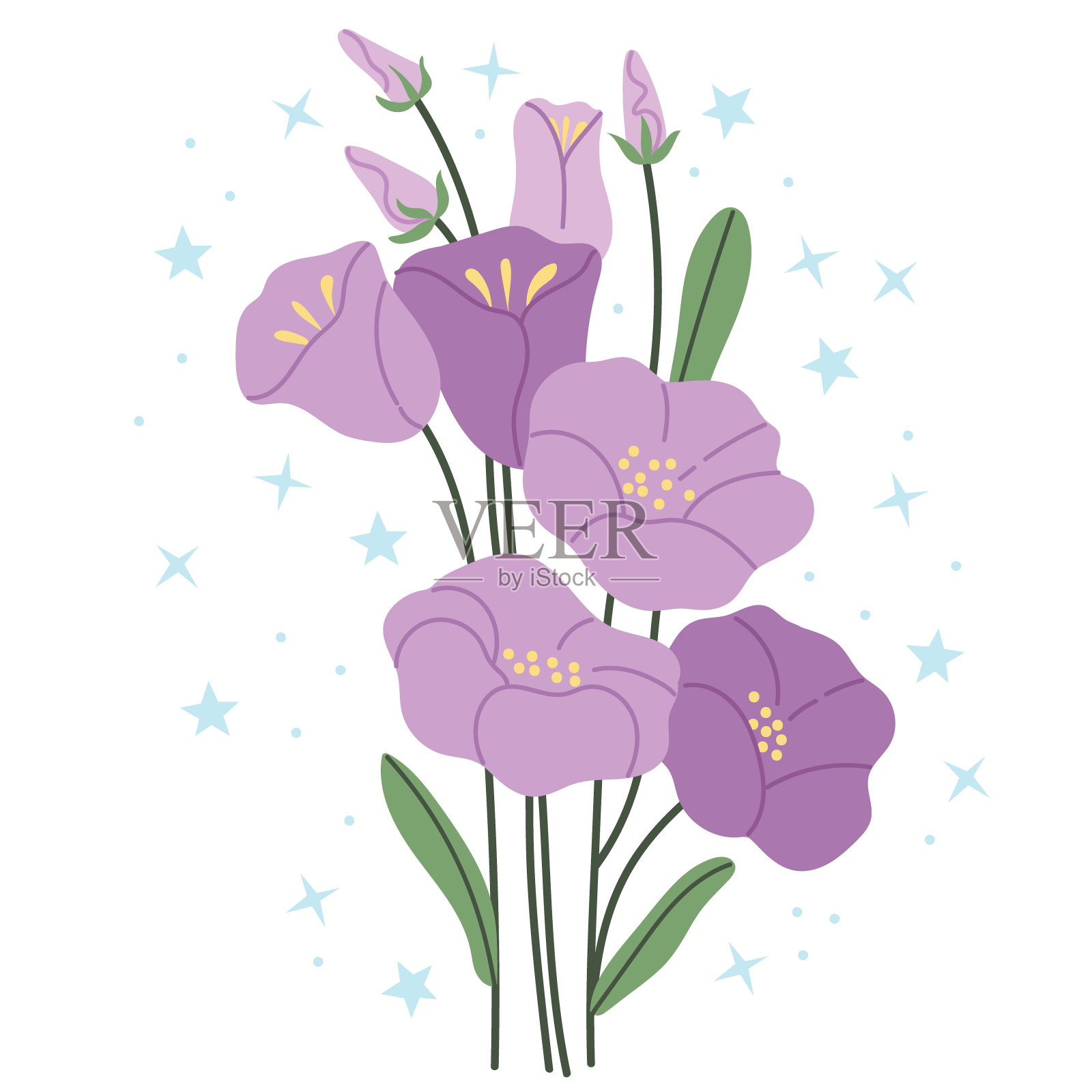 白色背景上的紫色风铃草。简单的说明。鲜花贺卡矢量模板。剪贴艺术设计元素。插画图片素材