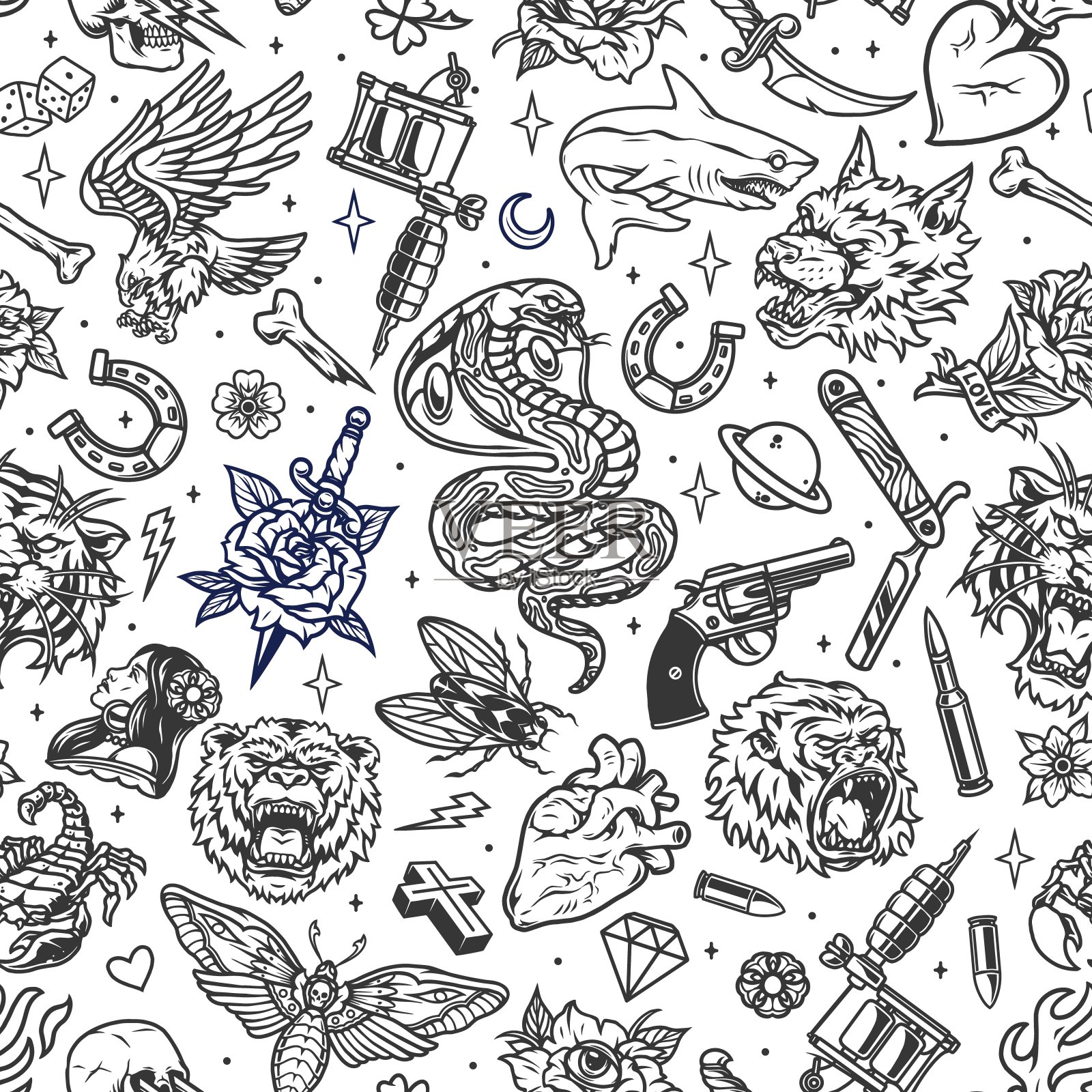 复古纹身无缝图案插画图片素材