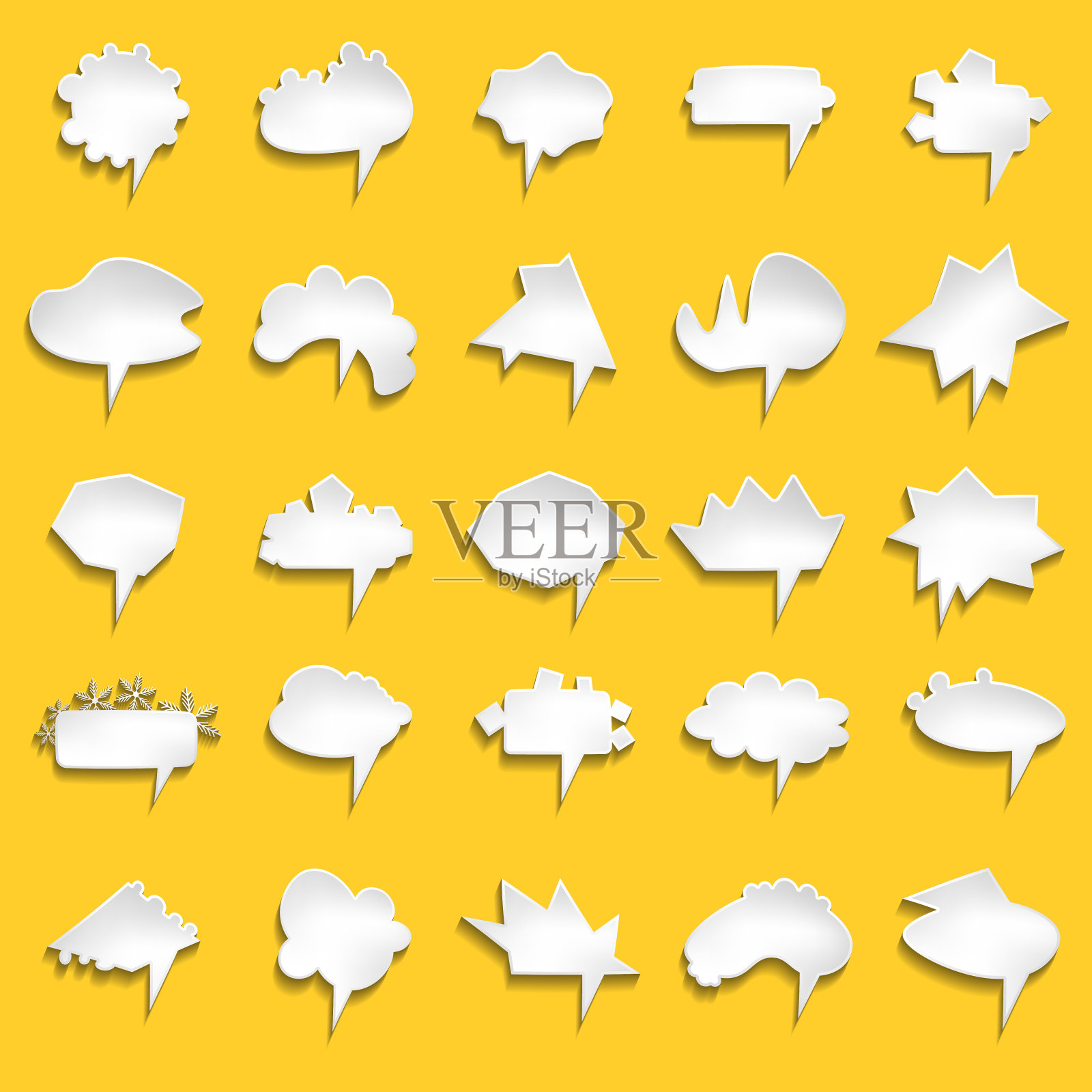 大集合的矢量喜剧演讲气泡在颜色的背景。孤立的彩旗，空纸形状。卡通平面插图聊天。模板框架。手绘风格，对话云。插画图片素材